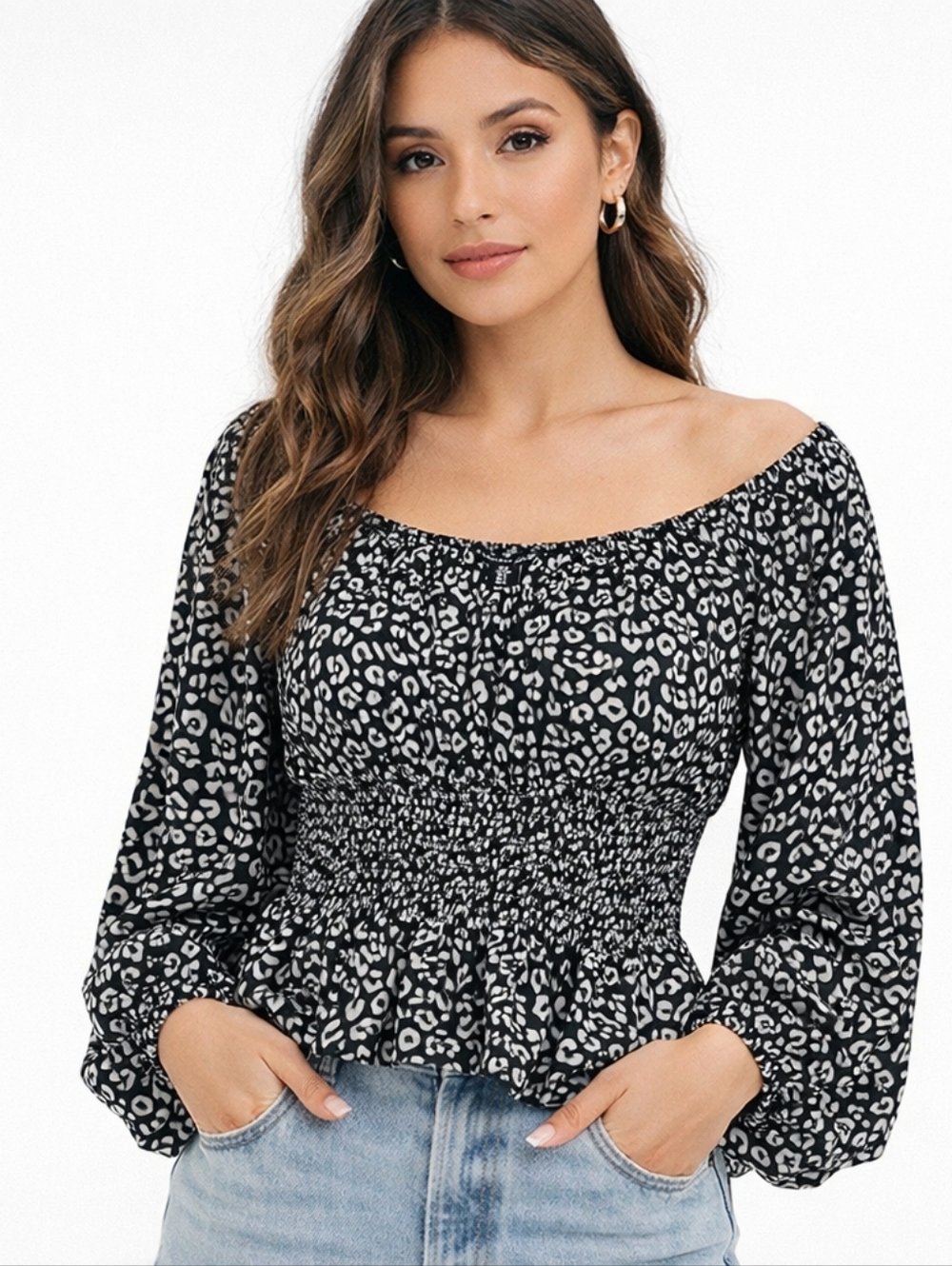 Sincerely Jules leopard print smocked blouse top in black and white.